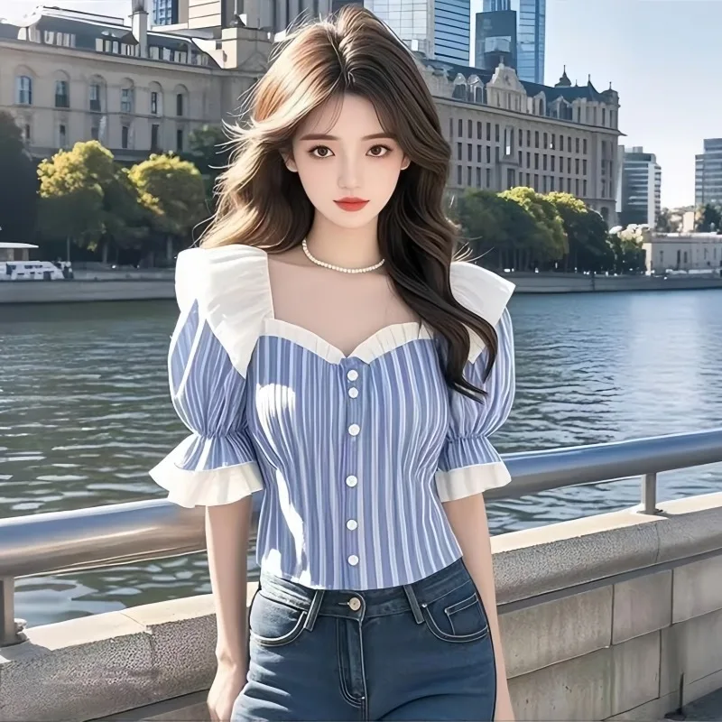 

Chiffon Women's Blouses Korean Shirts Fashion Loose Spring/summer Casual Clothing Striped Short-sleeved Women Tops