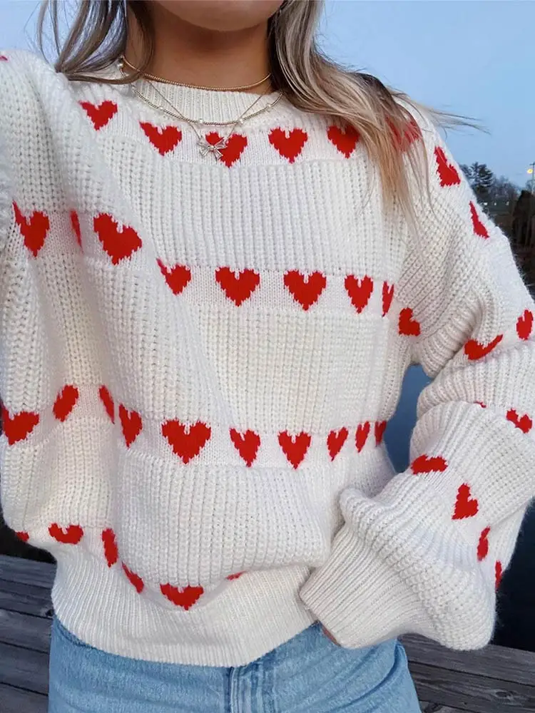 

2024 New Sweet Heart Printed O Neck Sweater For Women Print Lantern Long Sleeved Loose Pullover Lady Street Knitwear