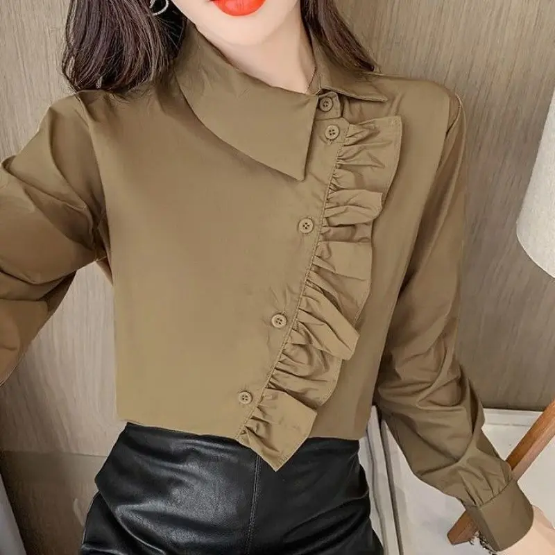 Fashion Versatile Women\'s Clothing Splice Buttons Pleated Diagonal Collar Long Sleeved Simplicity Solid Color Commuting Shirt