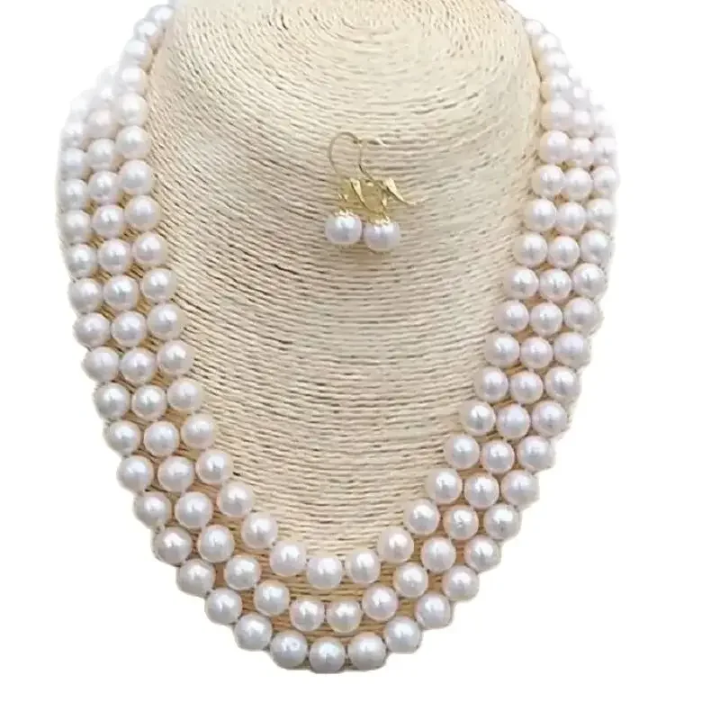 Natural 3-strand South Sea pearls AAA9-10mm white round pearl necklace 18/19/20 inches+14k gold earrings