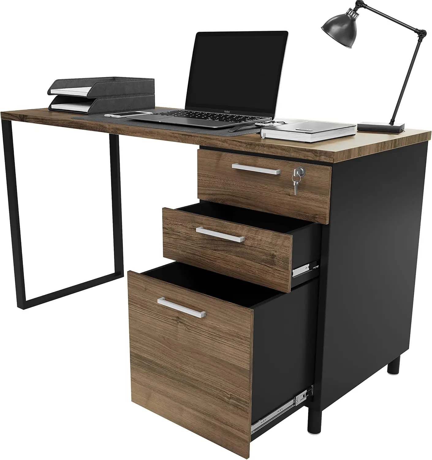 Office Desk - 47Inch Cass Walnut/Black Home Office Desk with Drawers - Modern Computer Desk with Storage, Detachable & Lockable