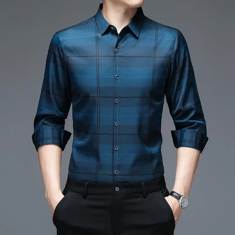 Men's Pure Cotton Shirt Long-sleeved Young and Middle-aged Cotton Business Casual Plaid Shirt Korean Style Slim-fitting Top