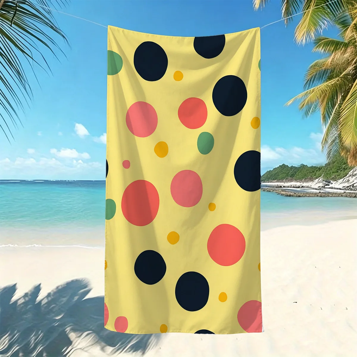 Newest Colorful Polka Dot Yellow Background Microfiber Beach Towel, Quick Dry Lightweight Beach Towel for Summer Travel