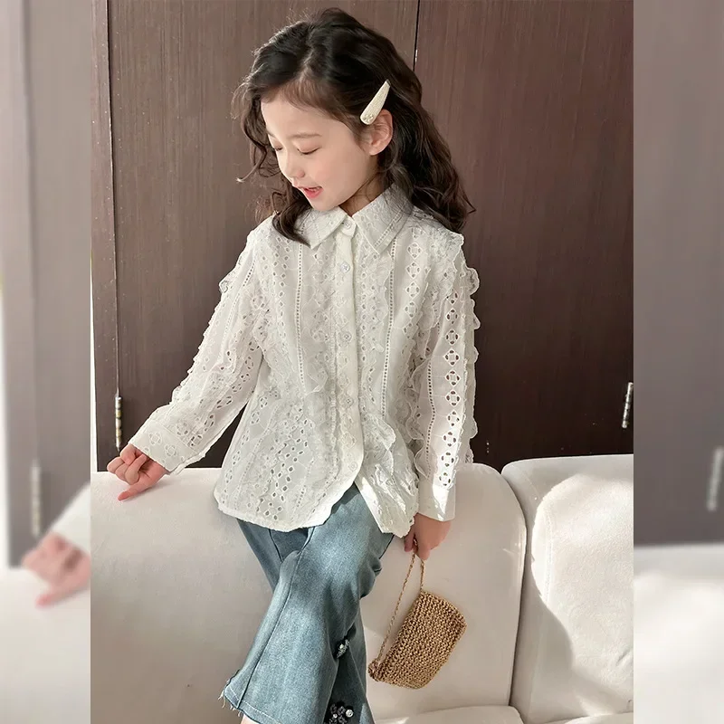 Girls Shirt 2024 Spring and Summer New Korean Children Sweet Lace Doll Shirt Baby Long-sleeved Children Simple Casual Style Top