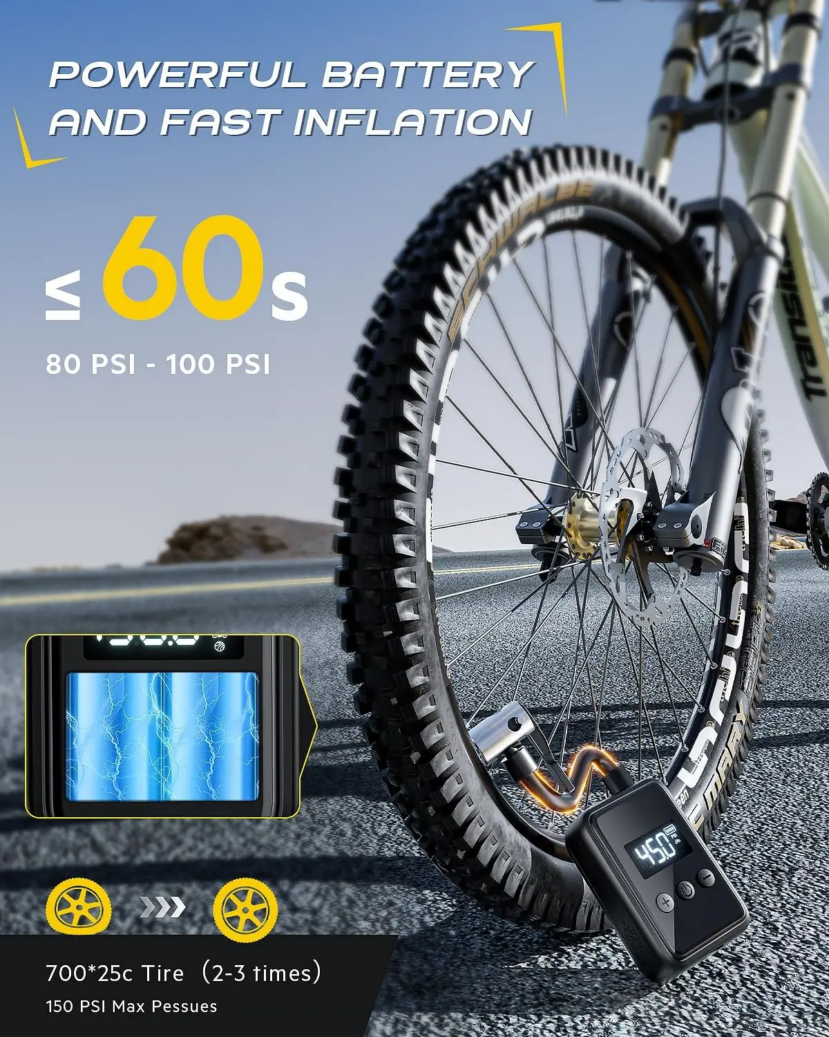 Electric Bike Pump, 120PSI Portable Bicycle Pump, Mini Bicycle Tire Pump with Pressure Gauge LCD Display, Presta and Schrader Va