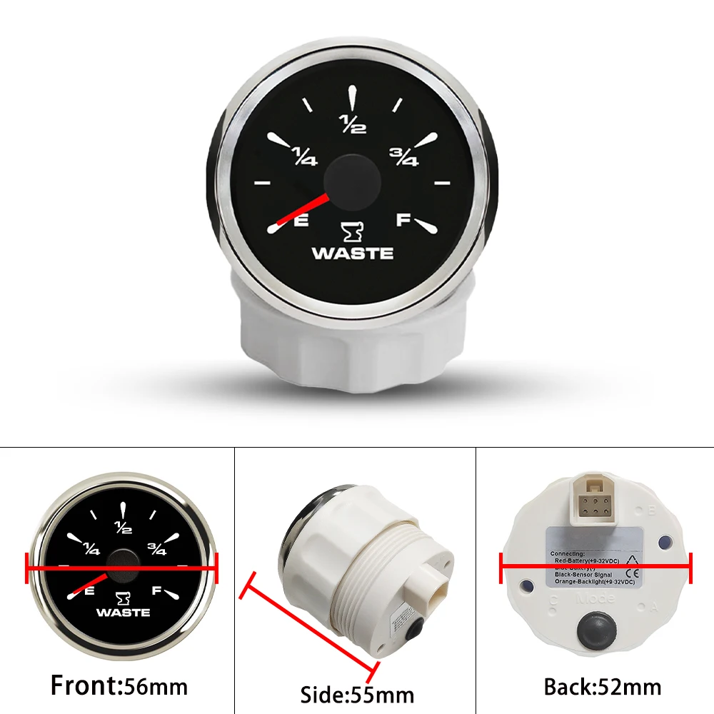 Rhaxel 52mm Holding Tank Gauge Level Meter 0-190ohm 240-33ohm Signal with 8 Colors Backlight 12V 24V for Car Speedboats Marine