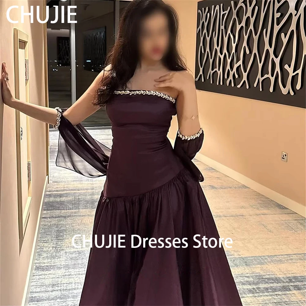 

Plum Strapless Evening Dresses For Woman With Crystal Draped Wedding Dress Party Gowns Dubai Arabia Robe فستان المساء Customized
