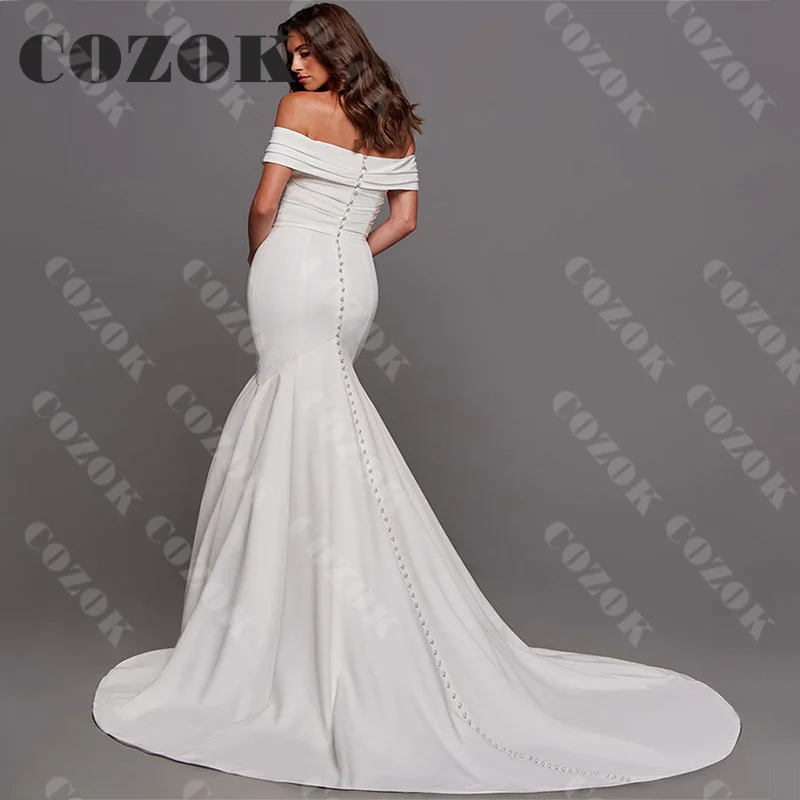 Long Off Shoulder Mermaid Wedding Dress 2023 New Satin Pleated Sweep Train Bridal Gown Vestidos De Novia Custom XC06