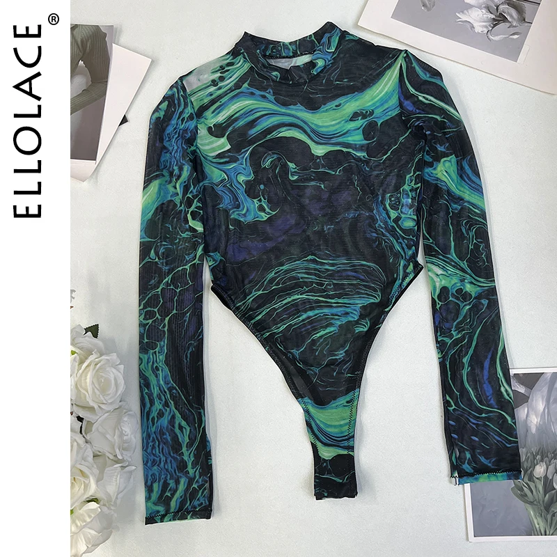 Ellolace Dragon Print Lace Bodysuit See Through Long Sleeve Tight Body Fancy Mesh Tops Fantasy Bodysuits Open Crotch Teddy