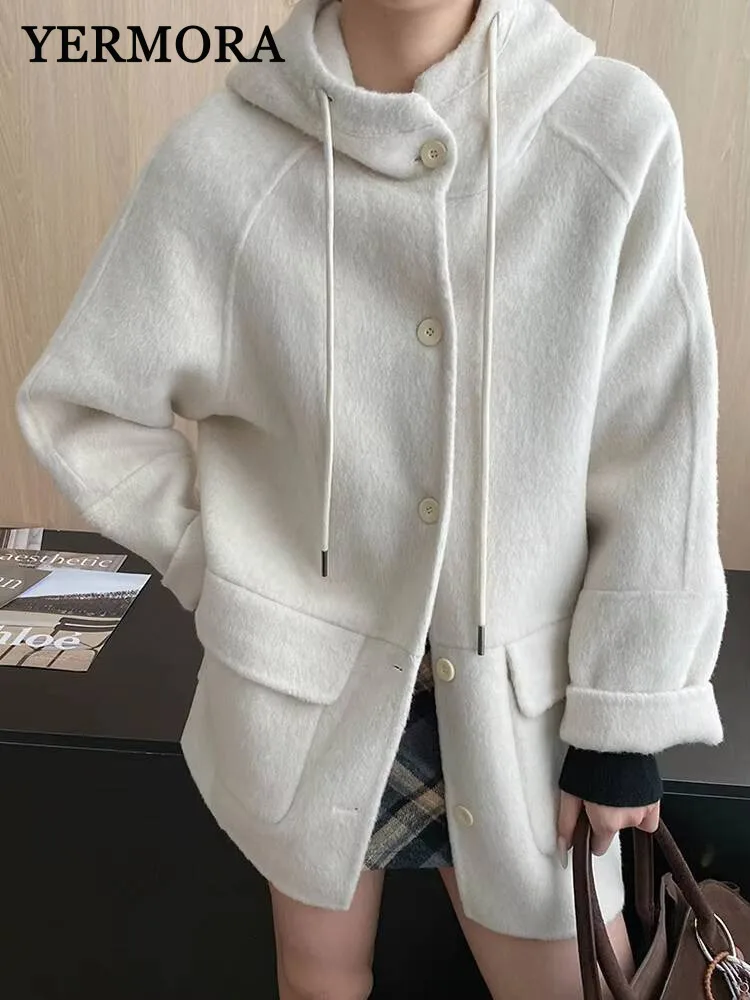 

YERMORA черное шерстяное пальто с карманами на шнурке для женщин, свободная новая куртка с капюшоном и длинными рукавами, модная осень-зима 2025