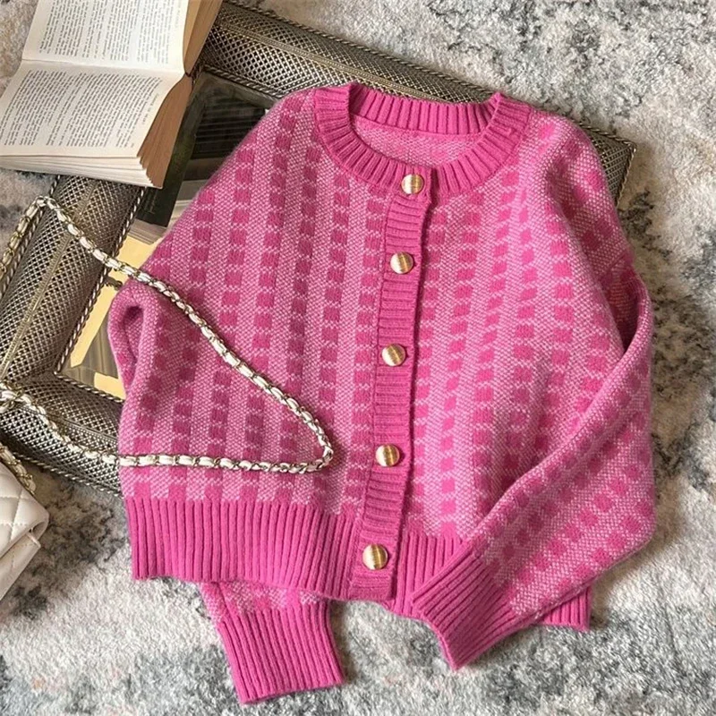 Cardigan coréen à carreaux doux pour femmes, pulls féminins à manches longues, col rond, style preppy pour dames, Y2k, rose, Harajuku, nouveau