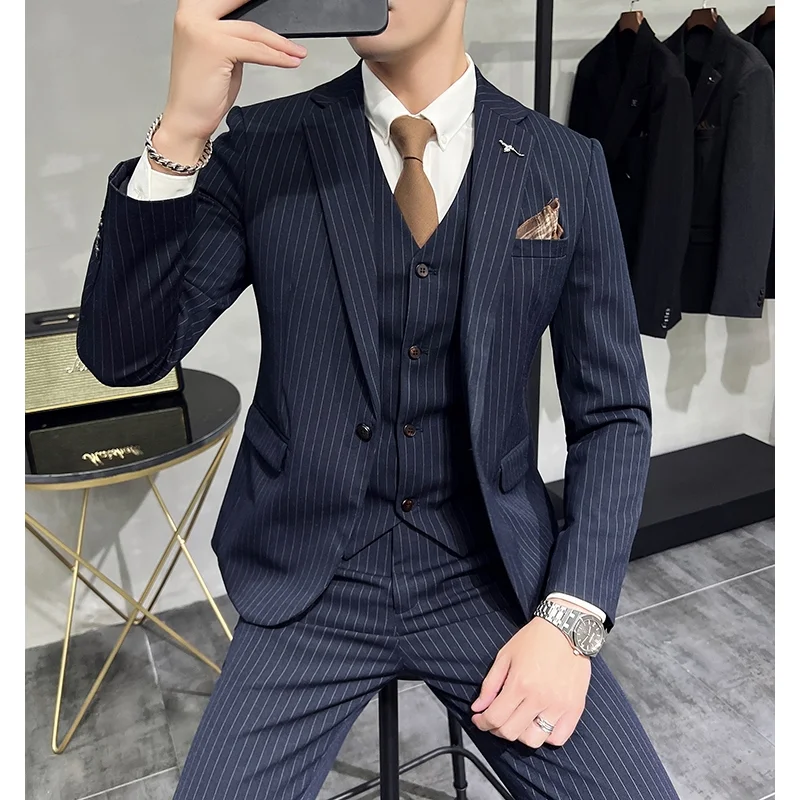 2-G3 Light mature Korean style slim striped suit for men, handsome and advanced ting, simple groom dress three-piece suit for me