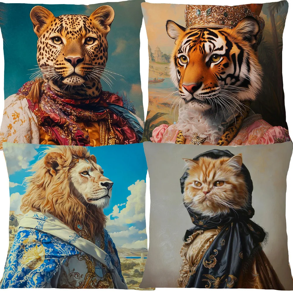 Oriental Style Animals Portraits Tiger Leopard Lion Cushion Cover Sofa Decorative Pillow Case