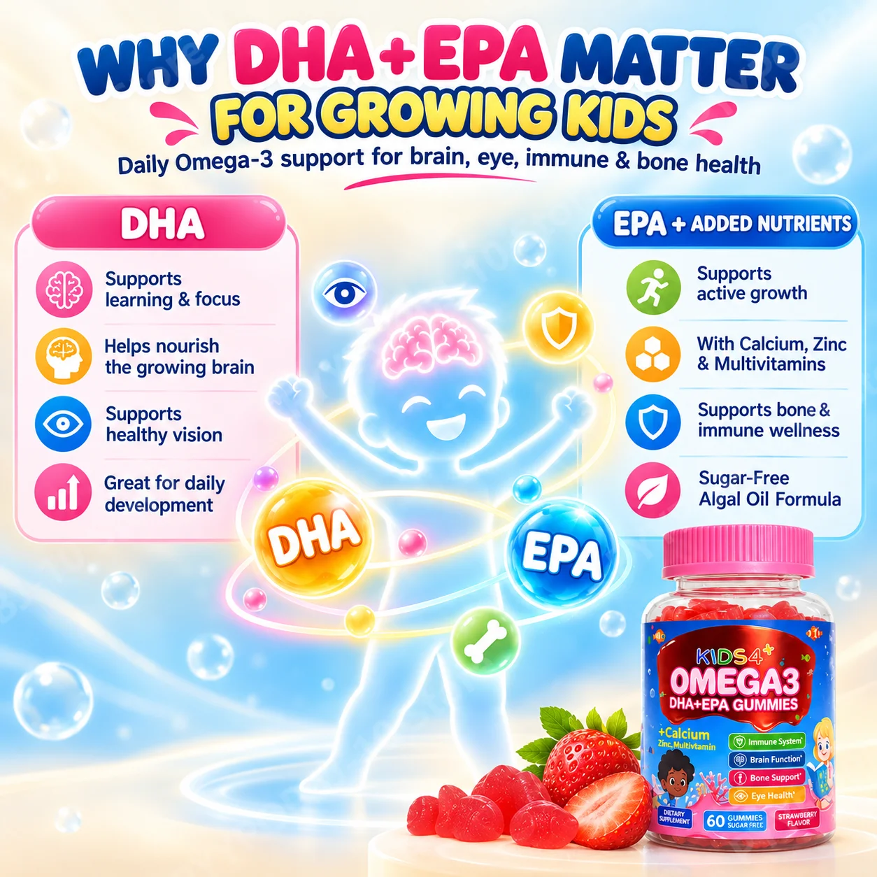 Kids Omega 3 DHA EPA Gummies for Brain Eye Immune Bone Support, Sugar-Free Algal Oil + Calcium Zinc Multivitamin, 60 Gummies