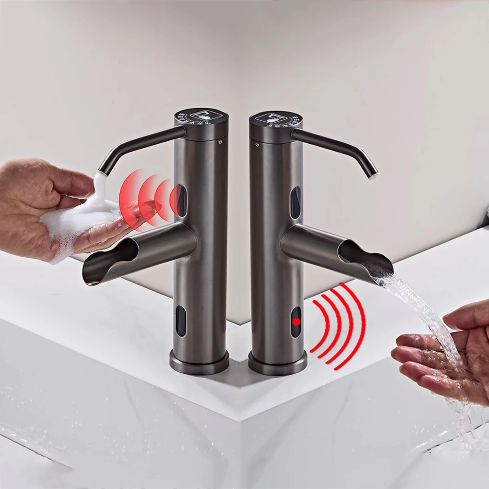 2 in 1 Automatic Sensor Basin Faucets with Sensor Soap Dispenser Touchless Vanity Bathroom Faucet Hot Cold Water Mixer Sink Taps
