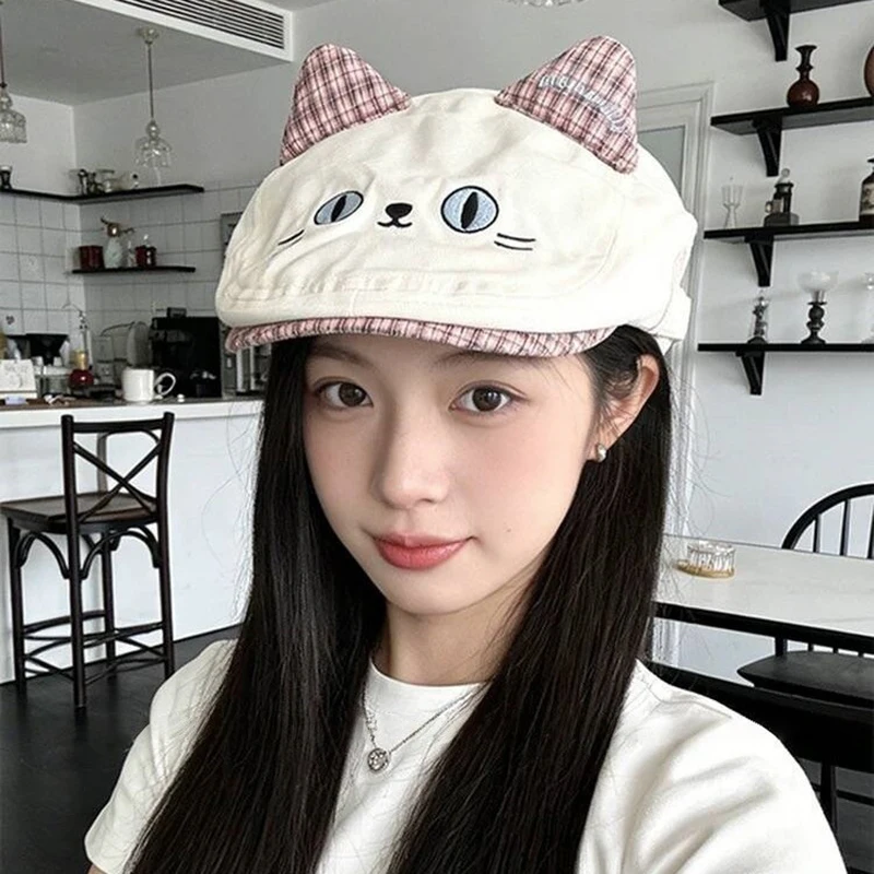 

New Fashion Japanese Cute Cat Ears Color Matching Plaid Berets Y2K Spring Summer Versatile Atmosphere Sweet Painter Hats Women