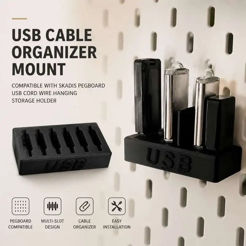 USB Cable Organizer Mount Compatible With Skadis Pegboard USB Cord Wire Hanging Storage Holder