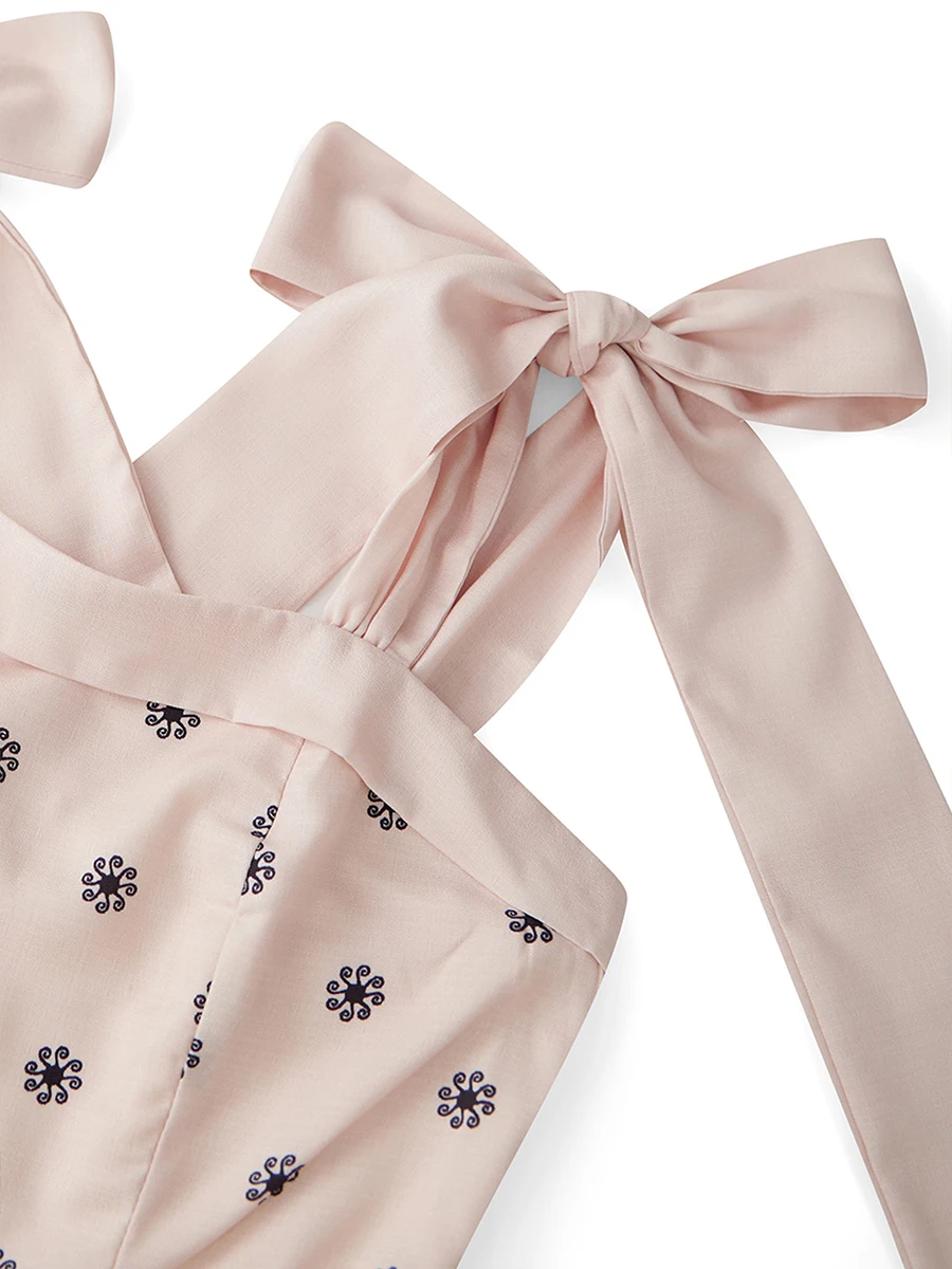 Damska letnia mini sukienka na ramiączkach z kwiatowym nadrukiem, wiązana na ramionach, bez pleców, zwiewna sukienka w kształcie litery A