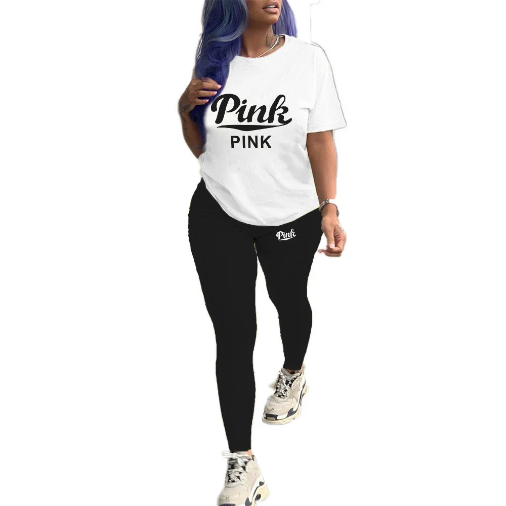 Casual 2-Piece Sets for Women, Pink Letter Print Tracksuits, Plus Size Sweatsuit, 3XL Top and Skinny Pants Outfits, 2PCs