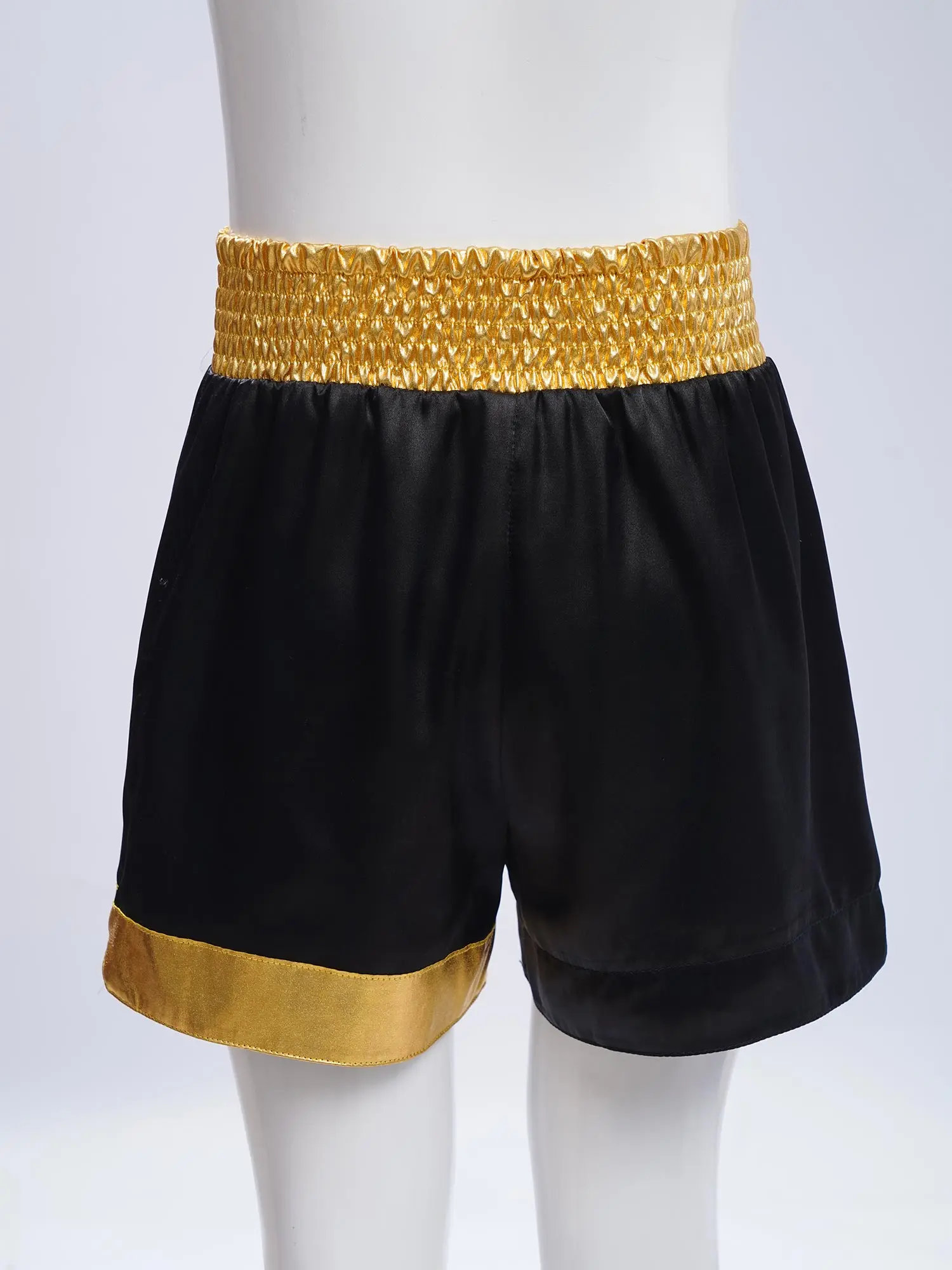 Pantalones cortos de boxeo para niños, ropa de entrenamiento tipo bóxer, pantalones cortos con abertura lateral ancha y elásticos con estampado de letras metálicas para fiesta de disfraces de Halloween