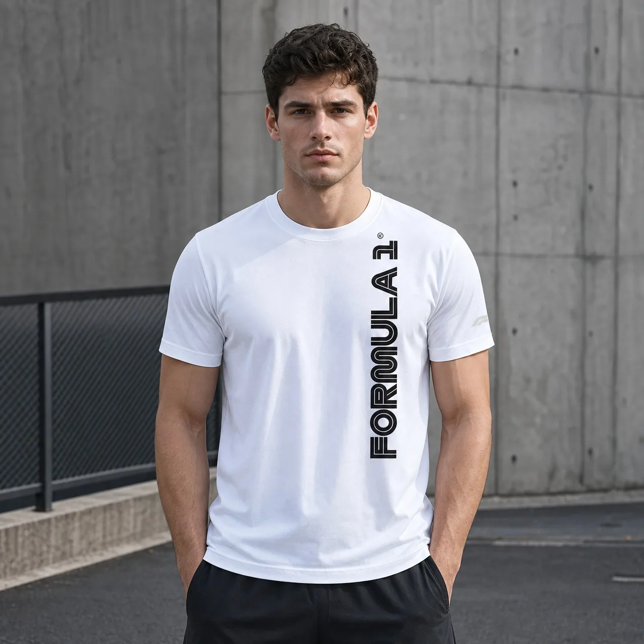 Men White F1 Racing T-Shirt Crew Neck Vertical Formula 1 Print Race Car Line Art Back Casual Motorsport Short Sleeve T-Shirt