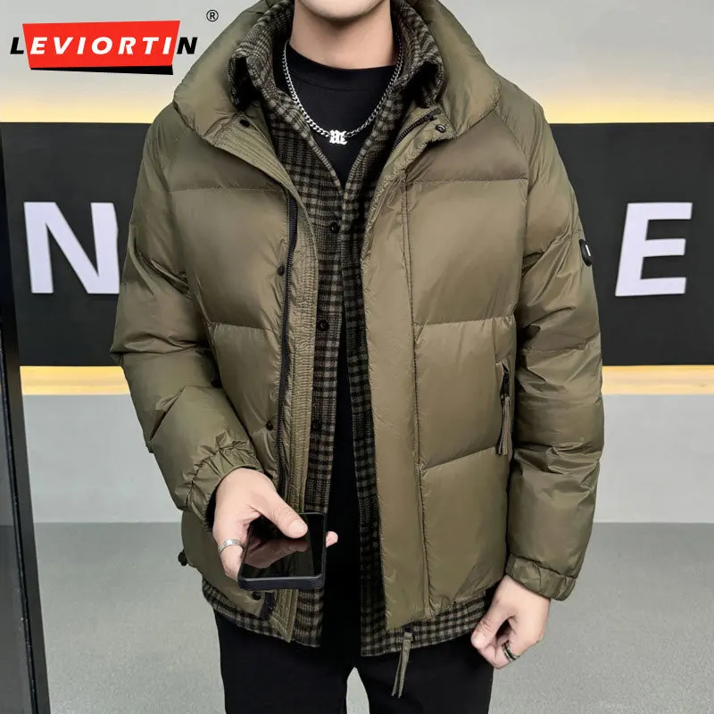 Winter new down jacket men's thick standing collar plaid fake two-piece jacket men's warm and cold proof simple bread jacket