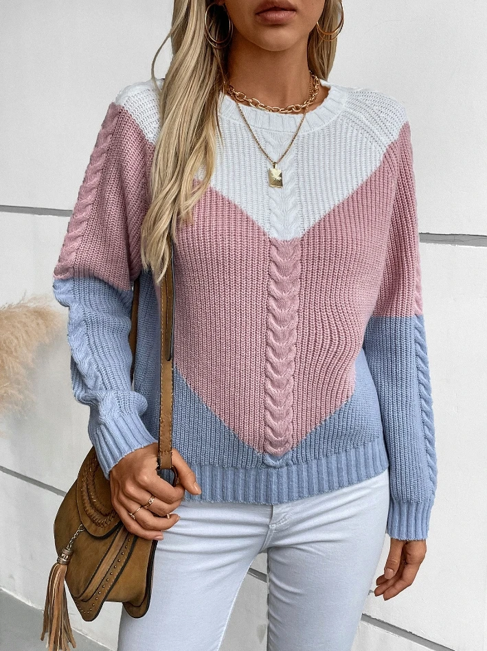 

Color blocking twisted flower women's sweater retro loose pullover knitted sweater top