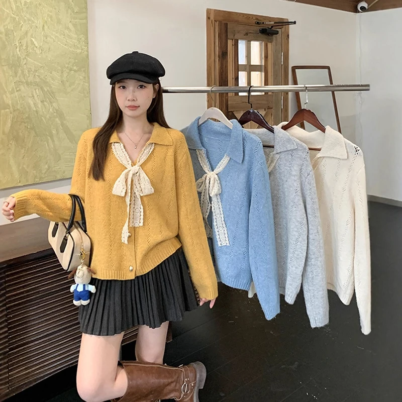 

French Bow Knot Lace-Up Knitted Cardigan Sweater Women Fashion Turn Down Collar Cardigans Harajuku Single Breasted Knitwear Tops