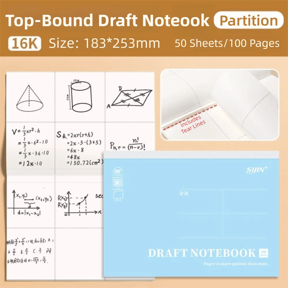 50 Sheets Large Size Flip-Up Draft Notebook 16K Partition/Blank Design Note Paper with Tearable Pages Draft Pad School Office
