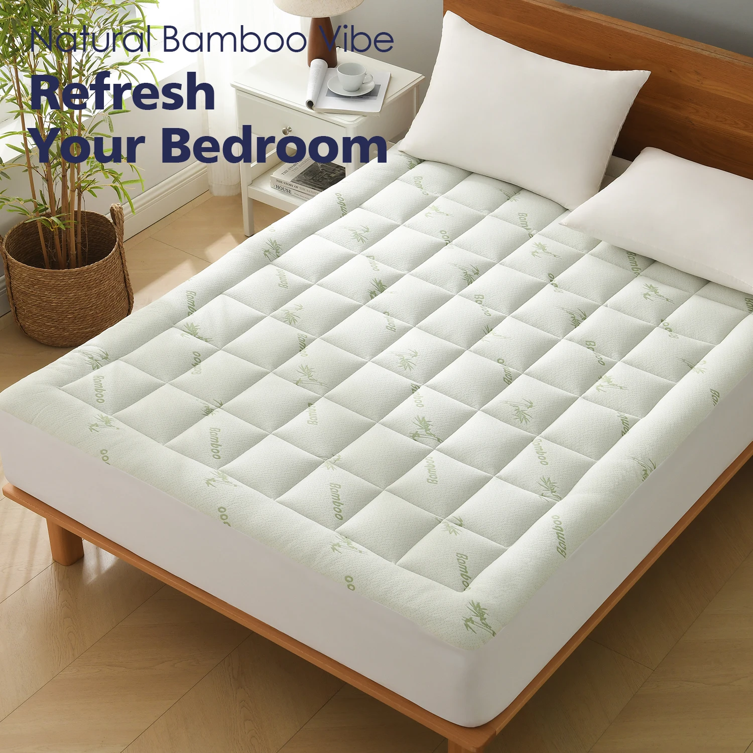 Bamboo Fiber Quilted Mattress Pad, Soft Polyester Filling, Breathable & Cozy Fitted Mattress Topper, 18 Inch Deep Pocket, Machine Washable, Christmas Halloween Holiday Home Bedding
