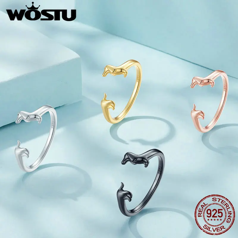 WOSTU 925 Sterling Silver Dachshund Dog Rings Adjustable Cut Animal Open Ring for Women Original Fine Jewelry Christmas Gift