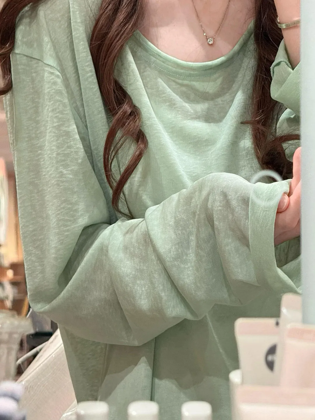 Loose Fit Long Sleeve T-Shirt UV Protection Silk Roll Hem Summer Korean Style Lazy  Sunscreen Cover up Snowflake Texture