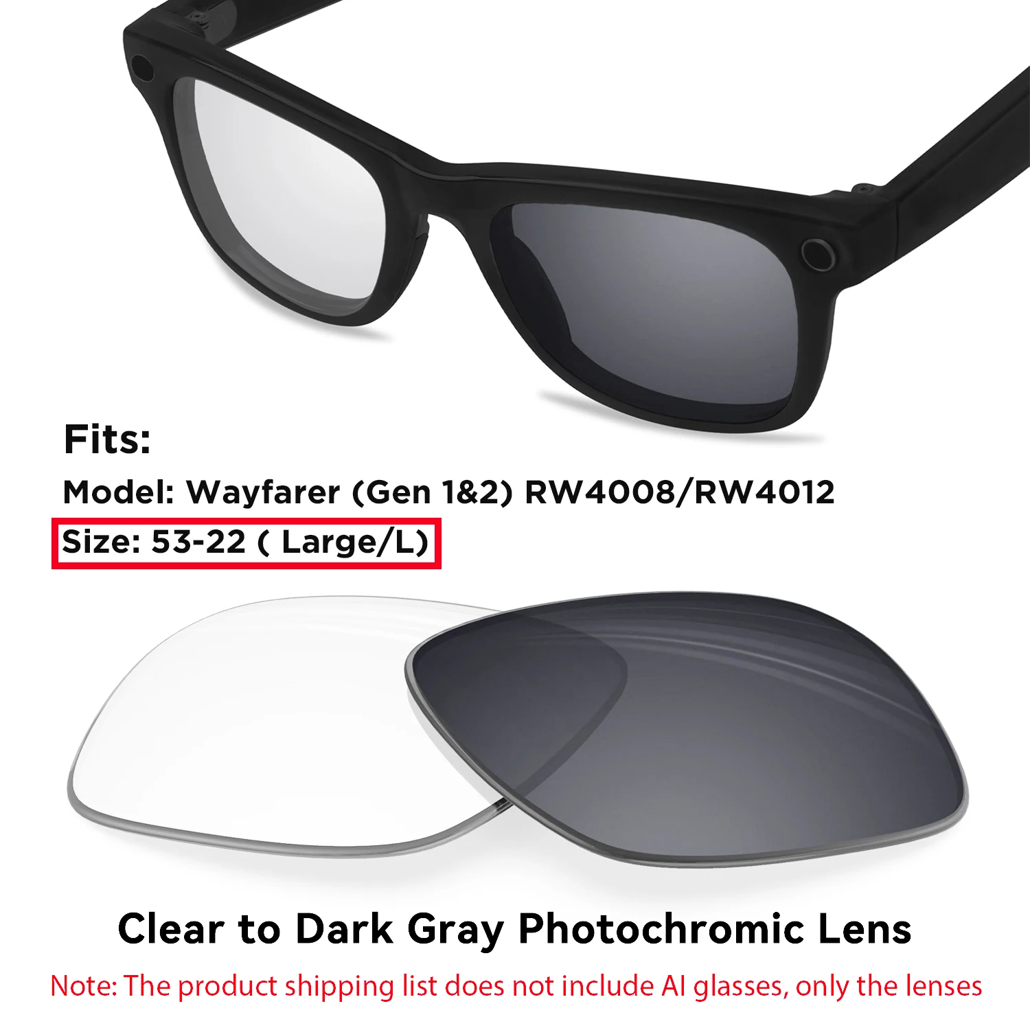Photochrome und polarisierte Ersatzgläser für Ray-Ban Meta Wayfarer RW4006 / RW4008 / RW4012 Gen1/2 AI Smart Glasses Lens