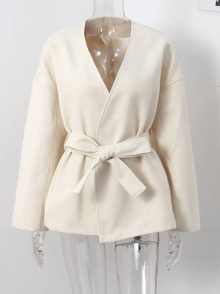 

Solid Lace Up Women Coat With Belt Casual V Neck Long Sleeve Open Front Loose Jacket 2025 New Fashion Spring Autumn Ladies Coats