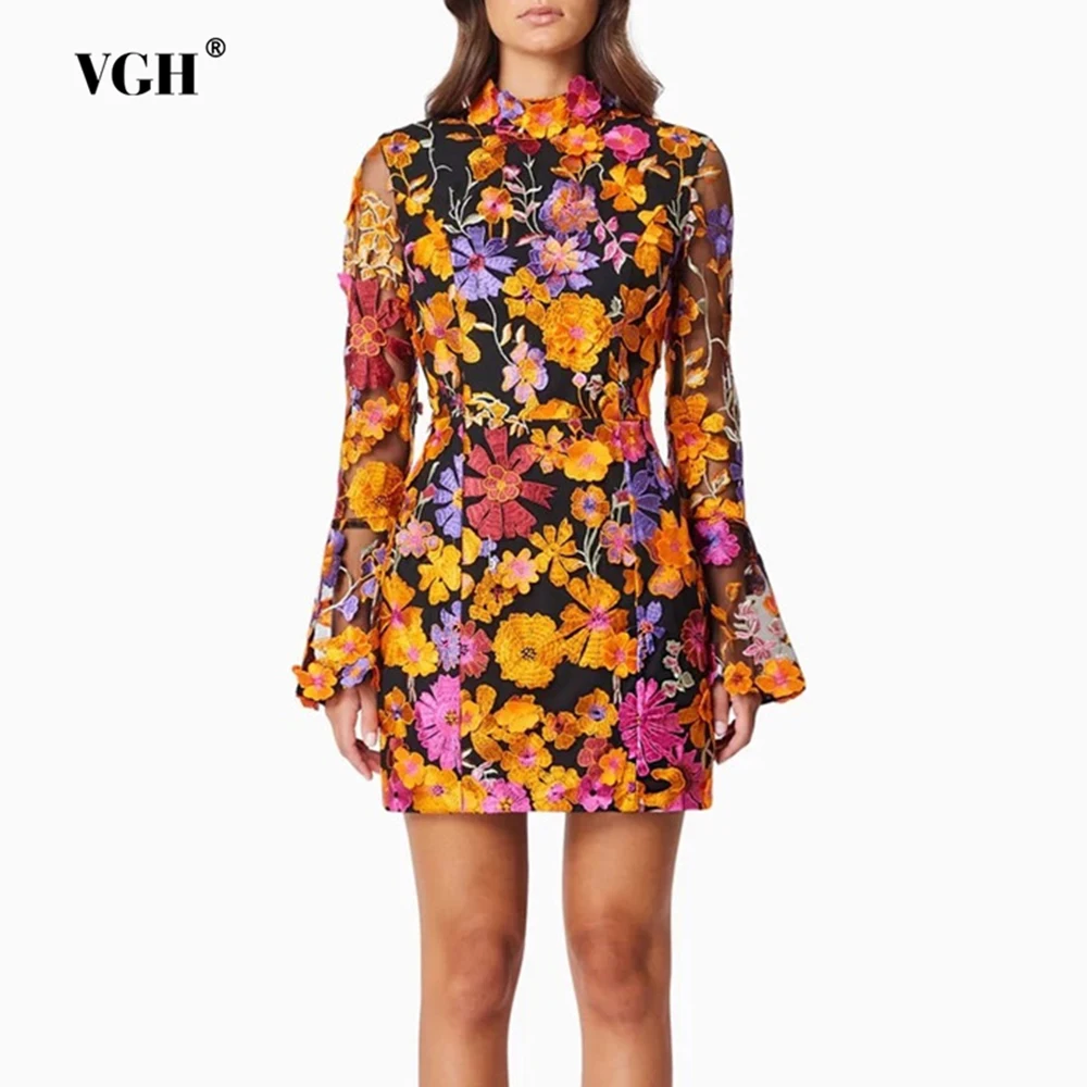 VGH винтажное мини-платье Badycon с цветочной вышивкой для женщин, элегантное вечернее платье с воротником-стойкой и расклешенными рукавами, высокой талией, женское