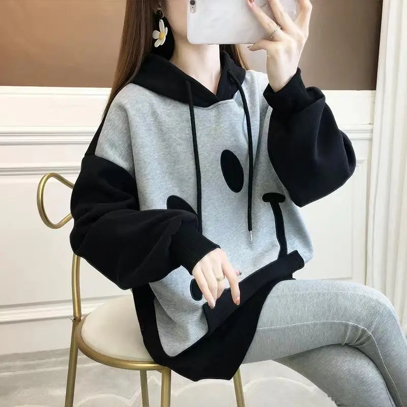 Fashion Spliced Pockets Embroidery Hoodies Sweatshirts Female Clothing 2023 Winter Loose Korean Tops Casual Warm Sweatshirts