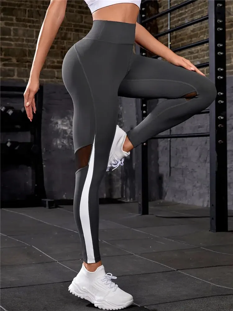 Women Solid Color Mesh Stitching Leggings Comfy High Waist Quick Dry Yoga Sports Pants Fitness Gym Activewear Push Up Leggings