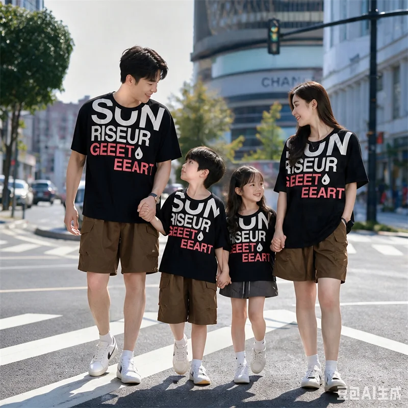 2026 Summer Mommy and Me Matching Letter Print Tee Family Outfit Casual Short Sleeve Top for Mom Dad Daughter Son Streetwear