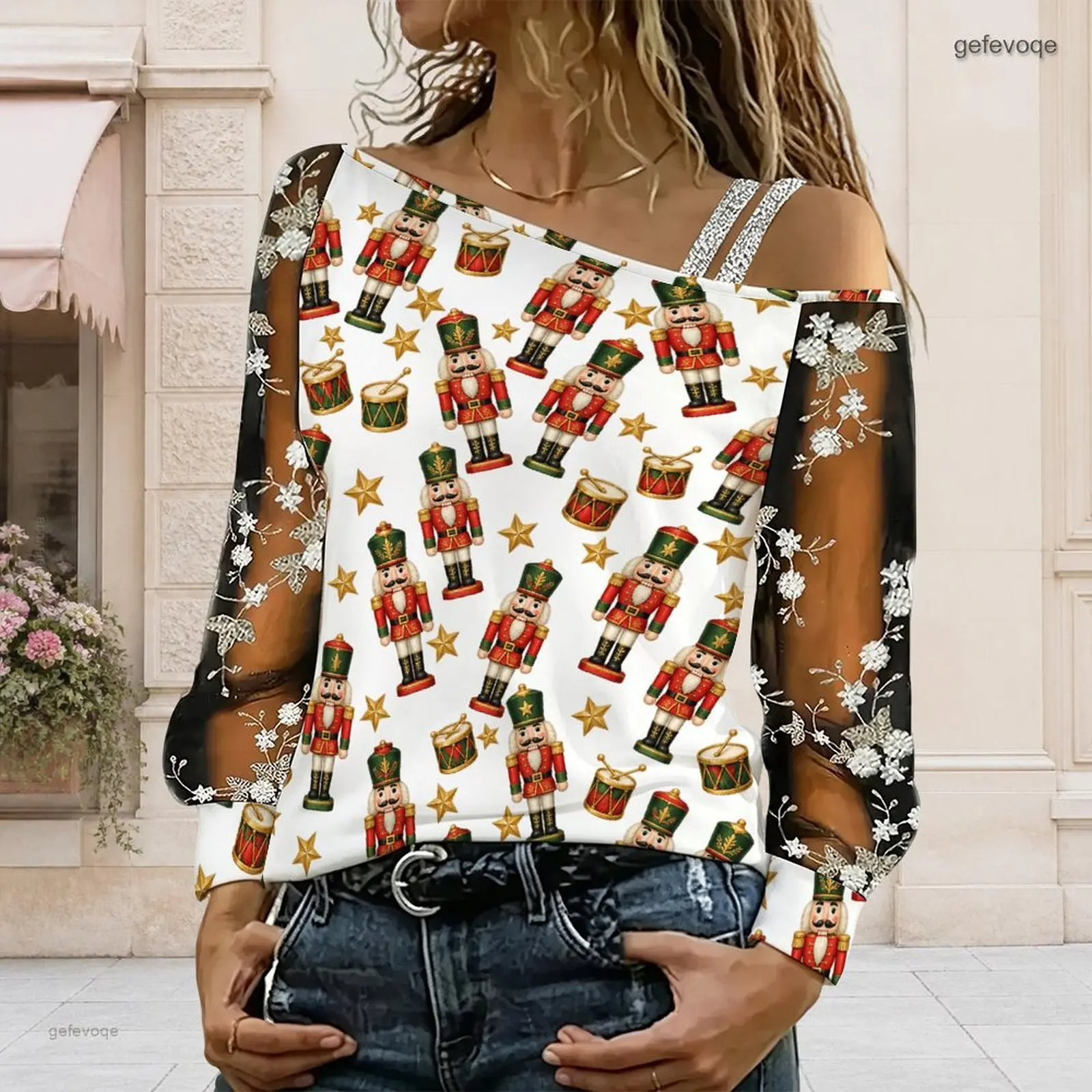 Women Asymmetric Cold Shoulder Long Sleeve Top, Nutcracker Drum Golden Star Printed Sheer Mesh Floral Embroidered Sleeves