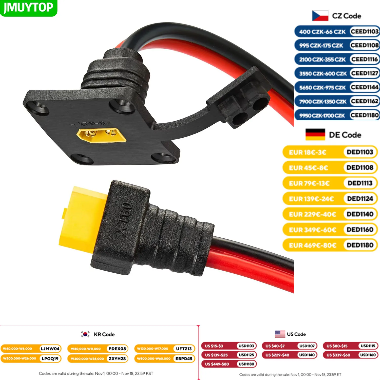 JMUYTOP 3FT 12AWG XT60 Panel Mount Cable XT90 Male to Female Cable Heavy Duty Solar Generator/LiPo Battery/FPV Drone Adapter