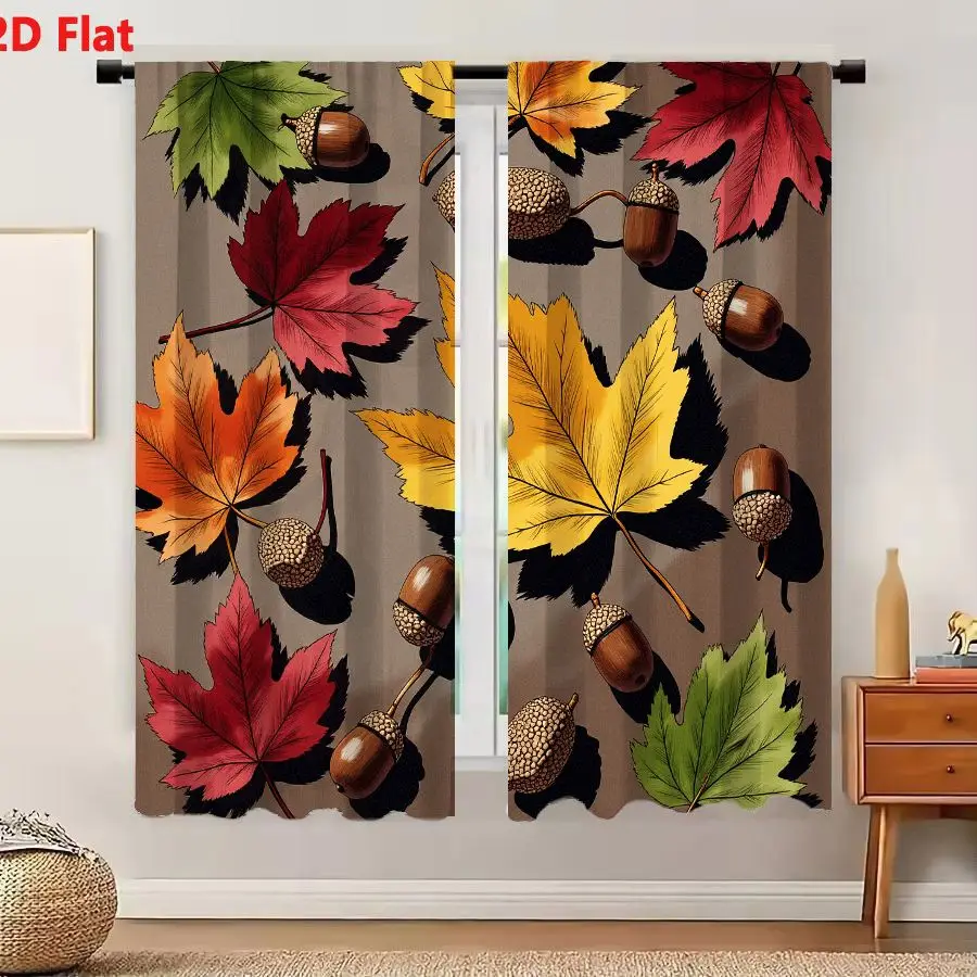 2Pcs Curtains 2D Flat Autumn Maple Leaves And Acorns Seamless Pattern With Shadows On Muted Brown Background Window Drapes for B