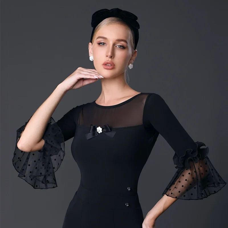 2023 جديد قاعة الرقص ملابس النساء قصيرة الأكمام اللاتينية الرقص القمم شبكة تنورة الكبار اللاتينية الرقص المنافسة فساتين SL9374 #2