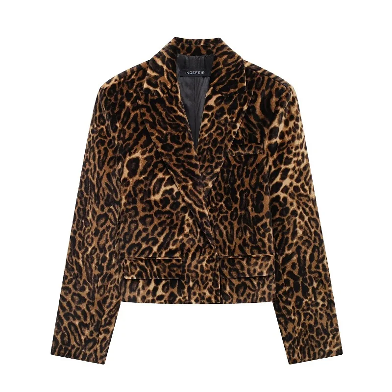 TRAF Leopard Print Blazer for Women Luxury Velvet Women\'s Blazers Suit Set Long Sleeve Office Blazer Woman Fashion Outerwears