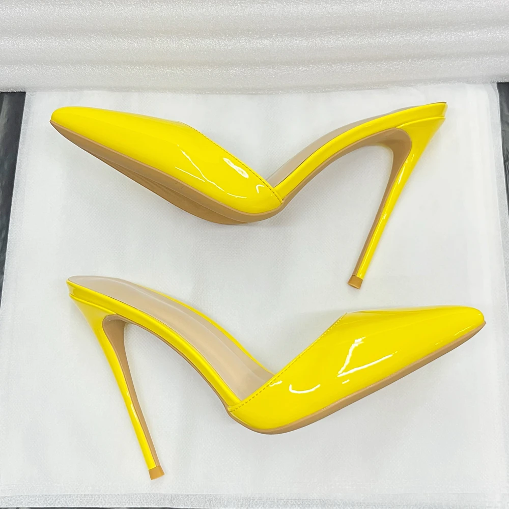 Sexy Glossy Patent Summer Slippers 12cm Ultra Pointed-Toe Mule Heels Elegant Stilettos Sandal Casual Outdoor Party Dress Shoes