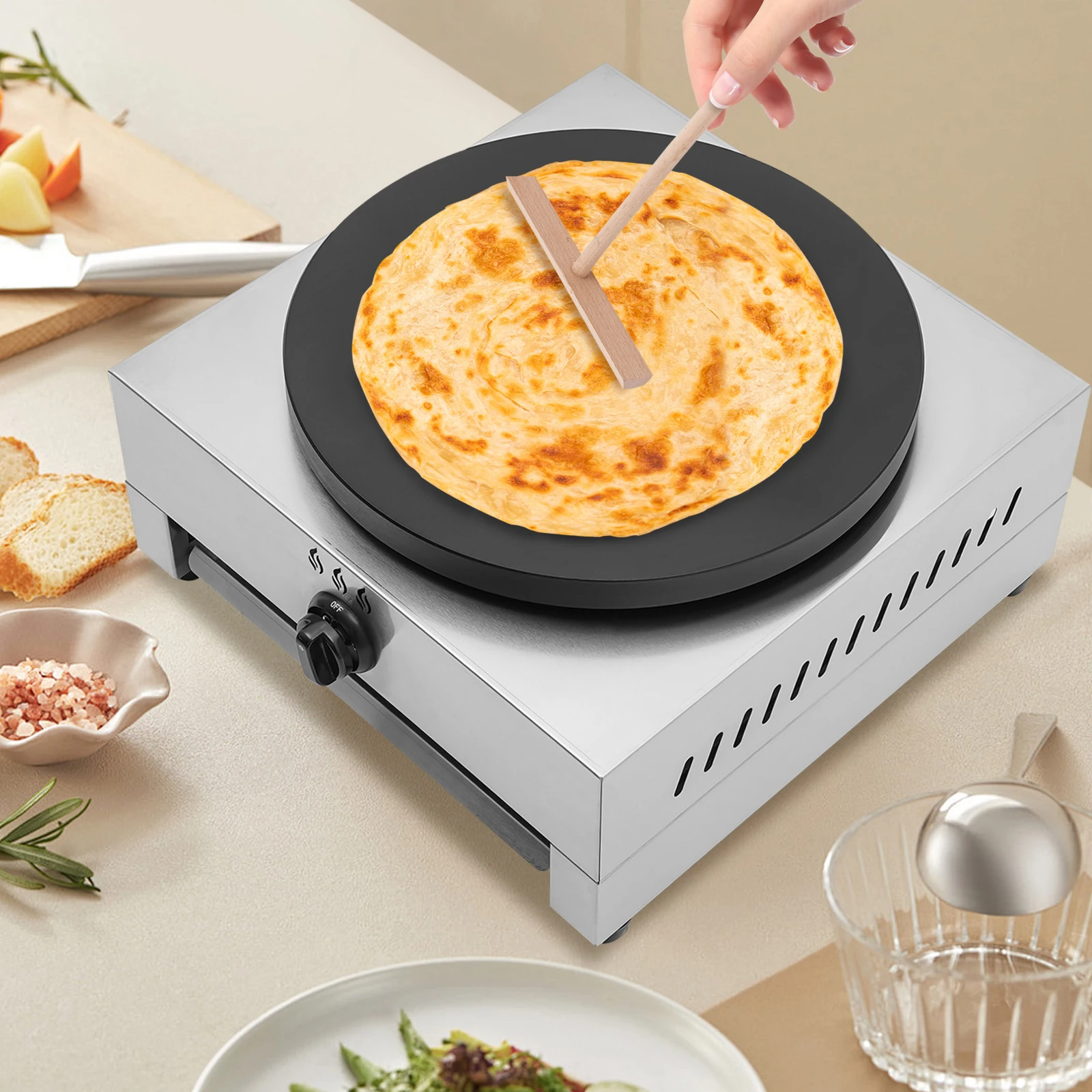 Plancha para panqueques a gas comercial, mesa de cocina de acero inoxidable de 16" con superficie antiadherente, llama ajustable para restaurantes/camiones de comida