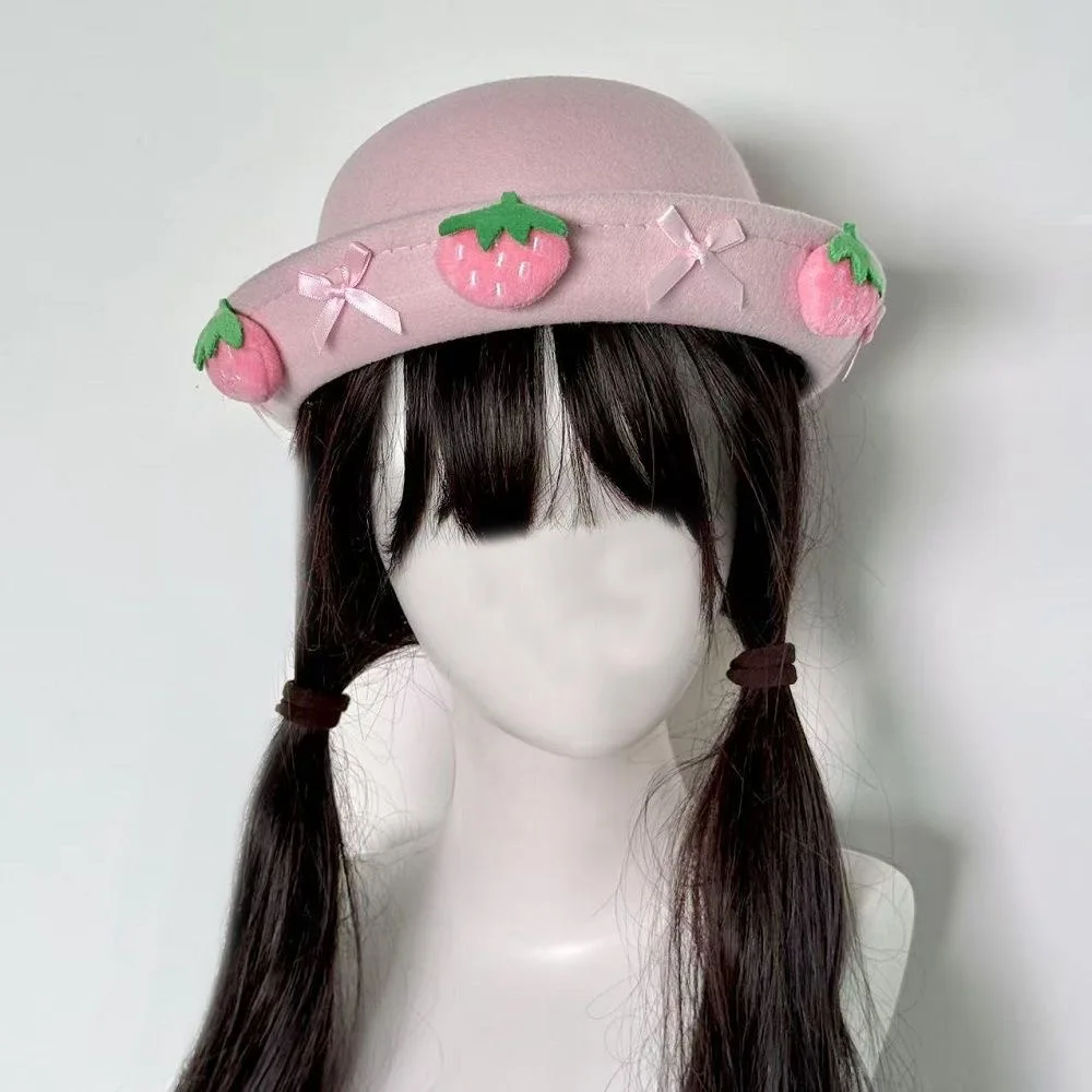 Ręcznie Robiony Harajuku Damski Dziewczęcy Słodki Lolita Truskawkowy Różowy Księżniczka Koronkowa Kokarda Truskawka Ozdobny Cylinder