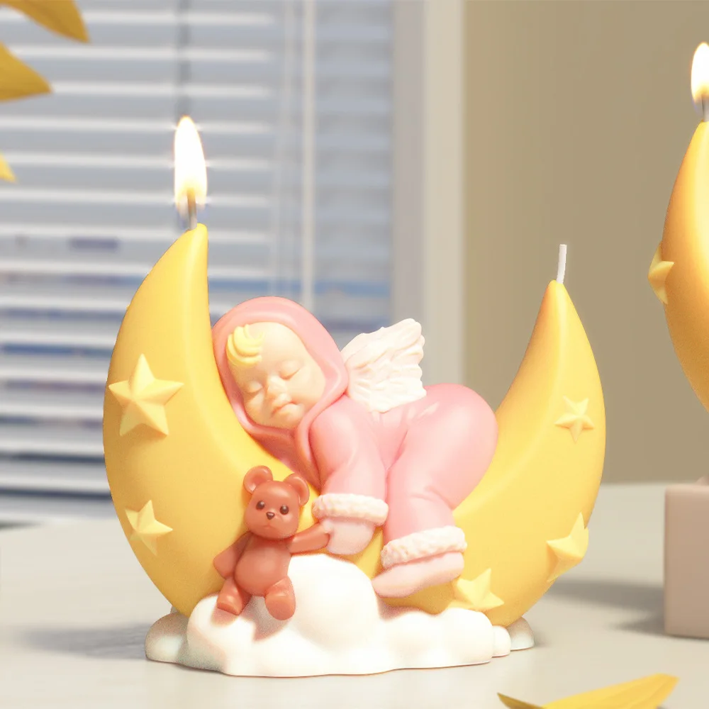 ثلاثية الأبعاد الملاك ينام على القمر شمعة قوالب DIY بها بنفسك الروائح الكرتون طفل القمر السفينة الجبس الجص قالب الاسمنت الحرفية الراتنج قالب الصابون