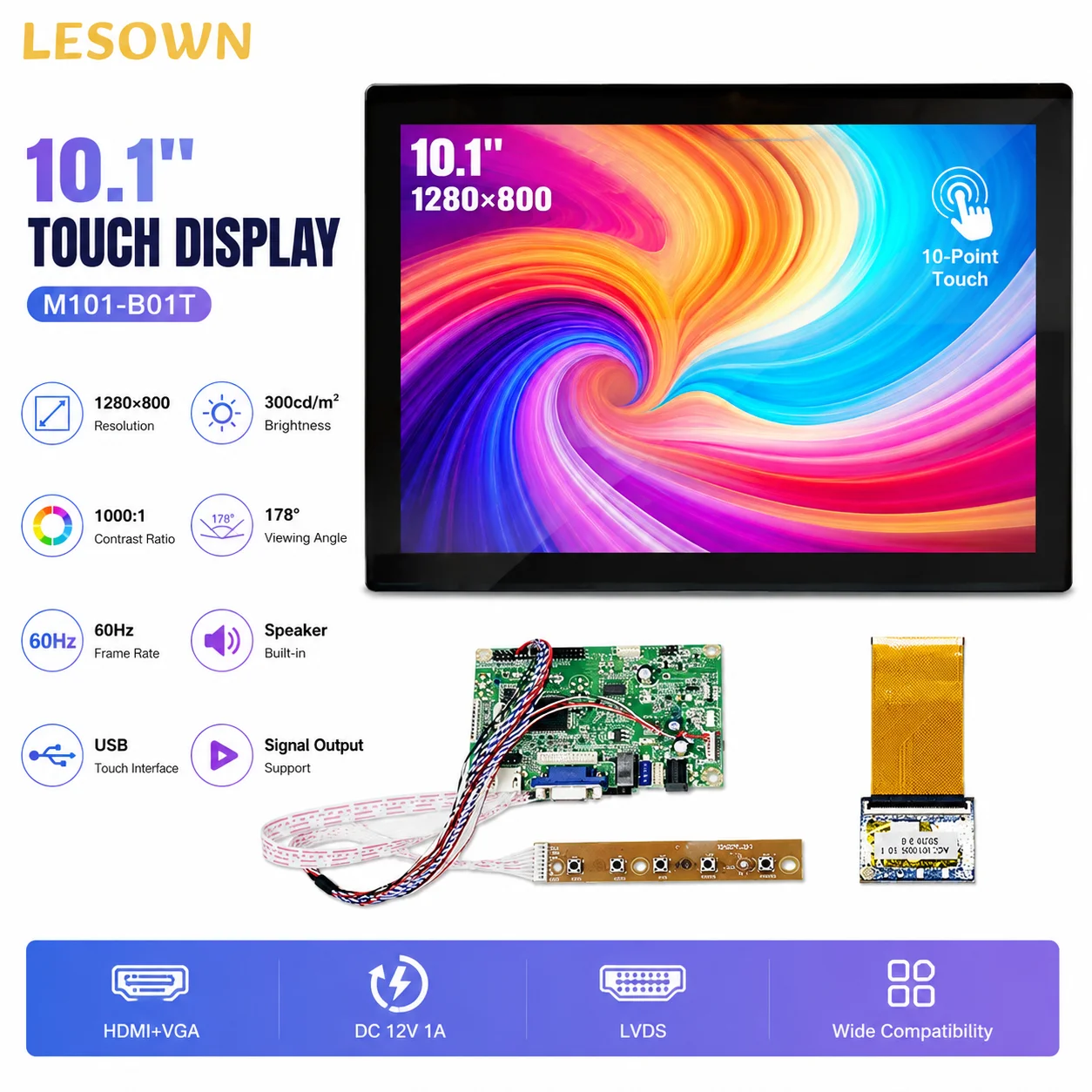 LESOWN 10.1" 1280x800 Capacitive Assembly Instant Activation Tempered Glass Monitor Tctil for Automation