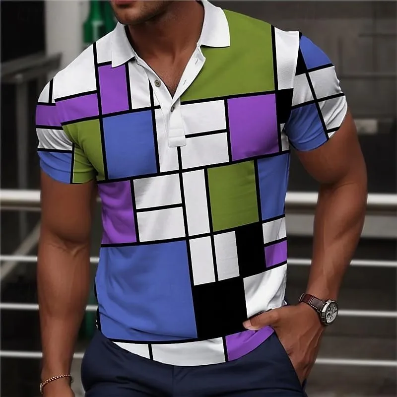 Color Block 3D Print Polo Shirts Men\'s Casual Fashion Streetwear Oversized Button Short Sleeve Shirt Male Tees Tops Man Clothing