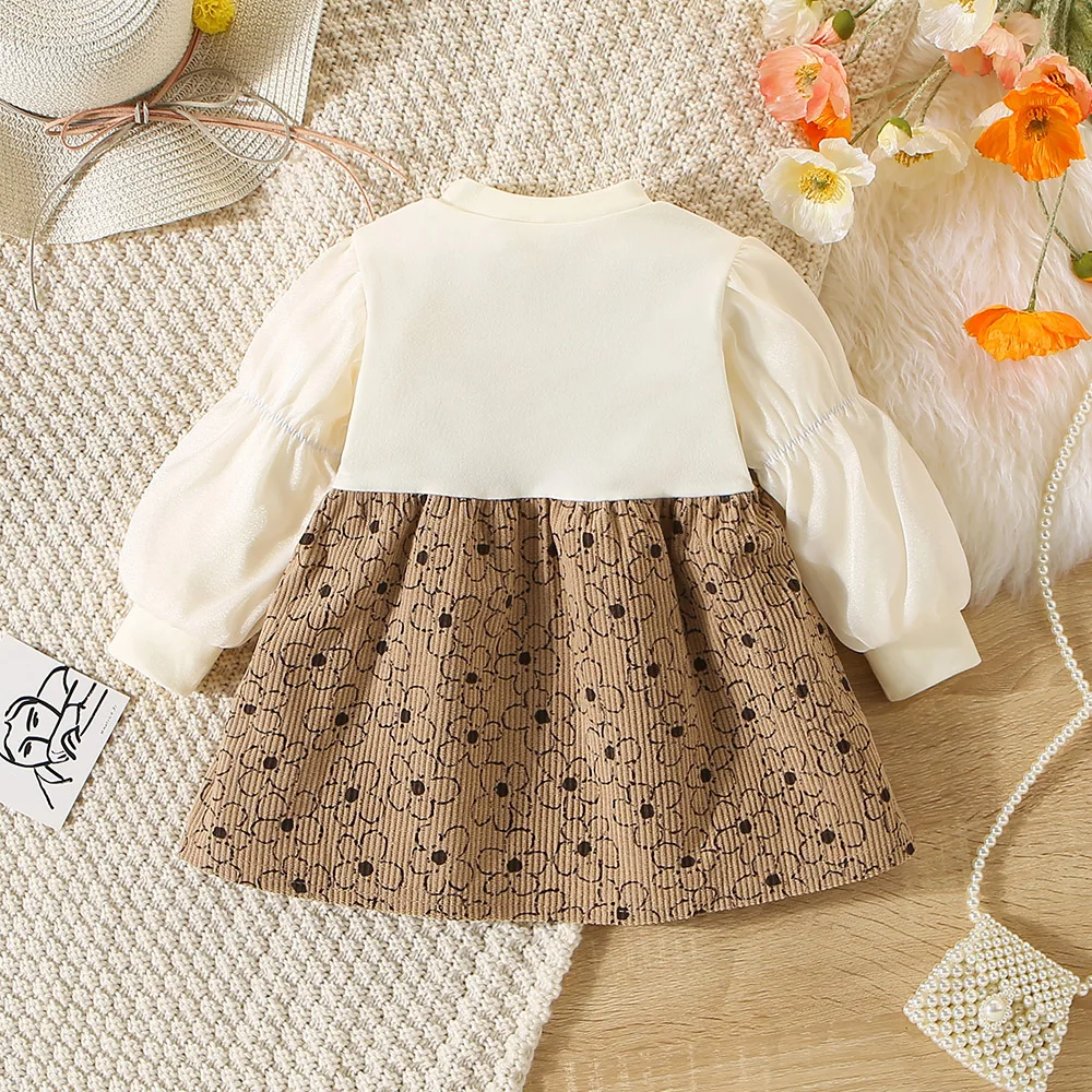 Autumn New Girl\'s Flower Printed Splicing Long Sleeve Strap Skirt Baby Girl Korean Version Dress Fake Two Piece